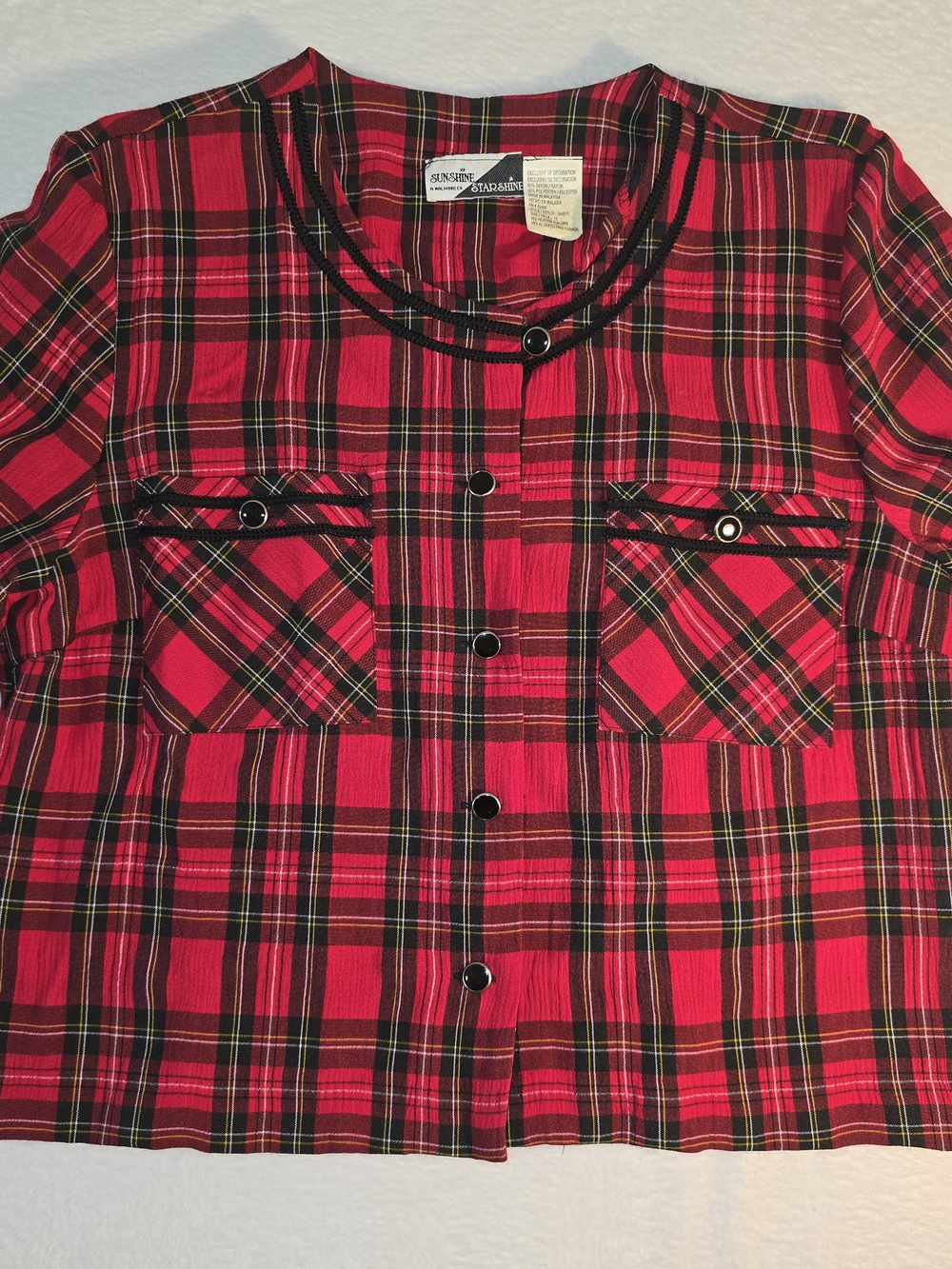 Vintage Sunshine Starshine Blazer Womens 12 Red Short Sleeve Black Buttons 90s